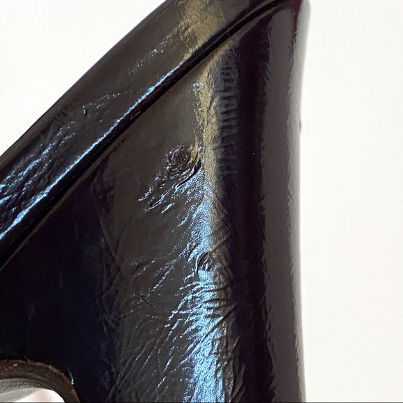 Marc Jacobs purple patent leather yellow gold bow peep toe slingback chunky heel - Picture 7 of 11